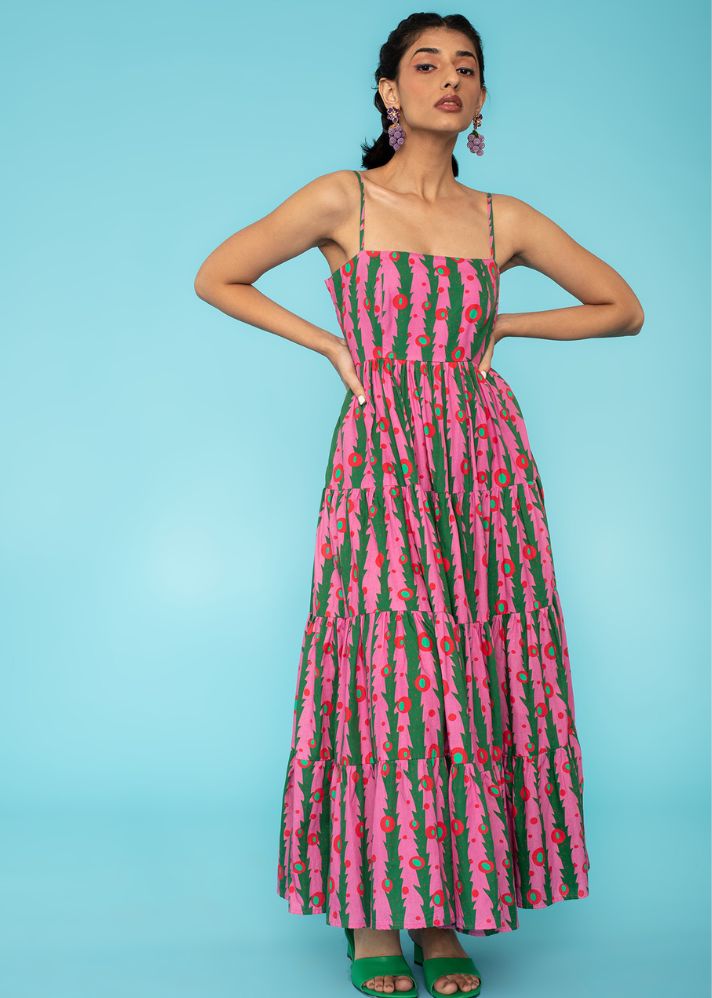 Women wearing Pure Cotton Multicolour Daphne Tiered Dress by Label Graph curated by Only ethikal 