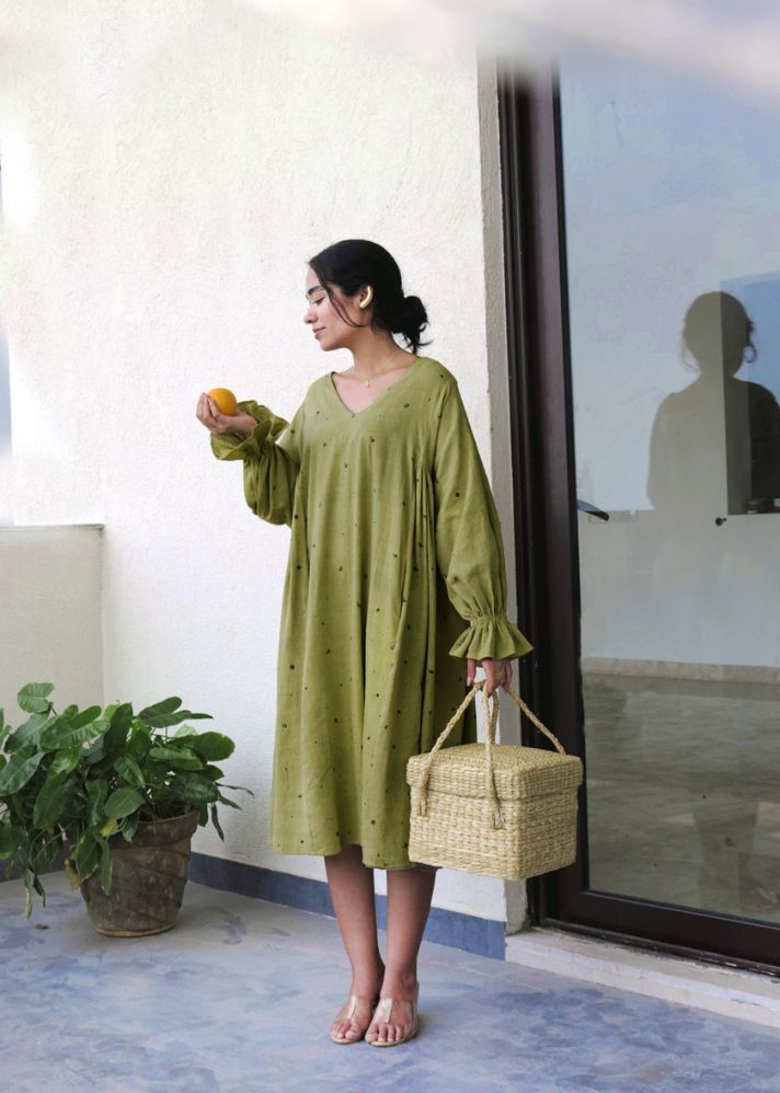 A Model Wearing Green Handwoven Cotton Be The Northern Light Dress, curated by Only Ethikal