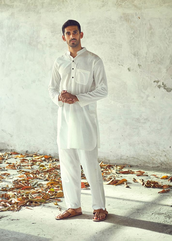 A Model Wearing White Pure Cotton Ceramic Kurta Set, curated by Only Ethikal