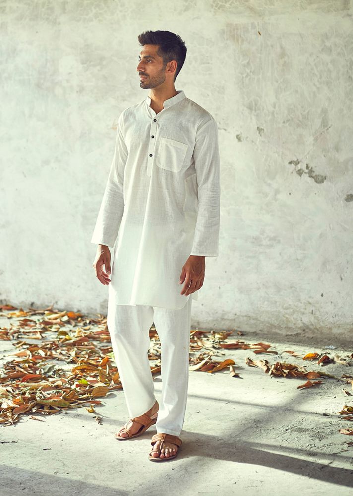 A Model Wearing White Pure Cotton Ceramic Kurta Set, curated by Only Ethikal