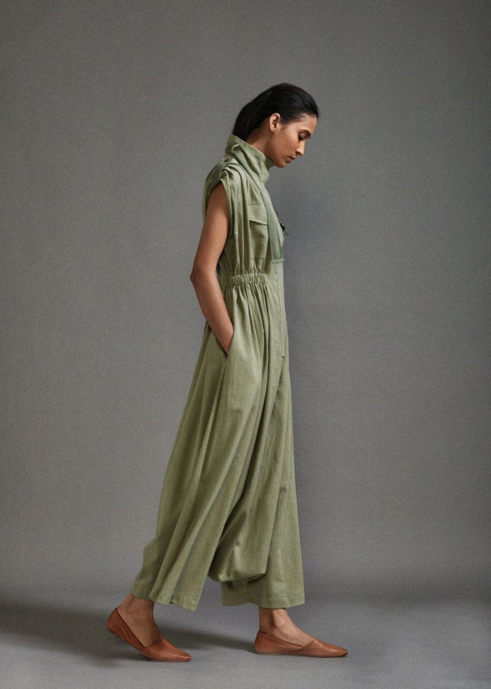 A Model Wearing Green Handwoven Cotton Safari Sphara Jumpsuit, curated by Only Ethikal