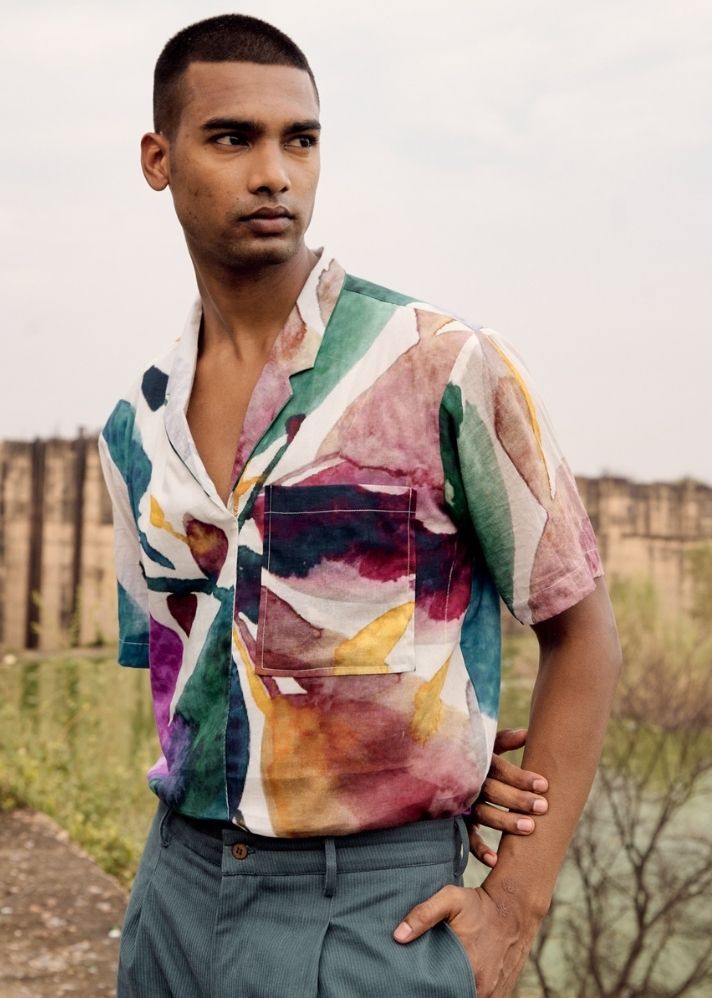 A Model Wearing Multicolor Pure Cotton Tree Swallow Shirt, curated by Only Ethikal