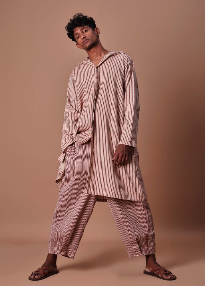 A Model Wearing  Striped Multicolor Pure Cotton Mauve Striped Men's Trousers, curated by Only Ethikal