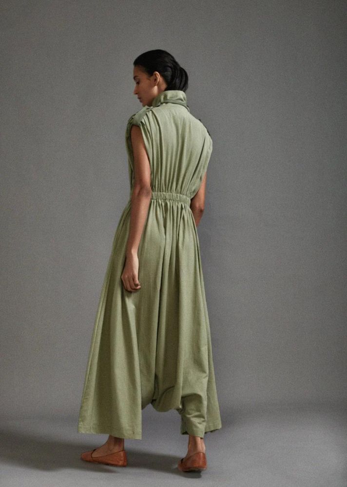 A Model Wearing Green Handwoven Cotton Safari Sphara Jumpsuit, curated by Only Ethikal