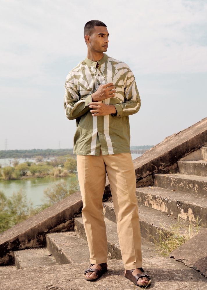 A Model Wearing Beige Pure Cotton Falcon Finess Trouser, curated by Only Ethikal