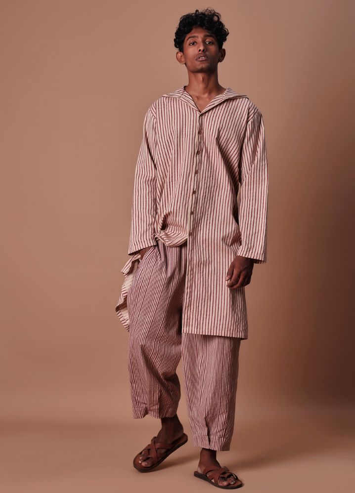 A Model Wearing  Striped Multicolor Pure Cotton Mauve Striped Men's Trousers, curated by Only Ethikal