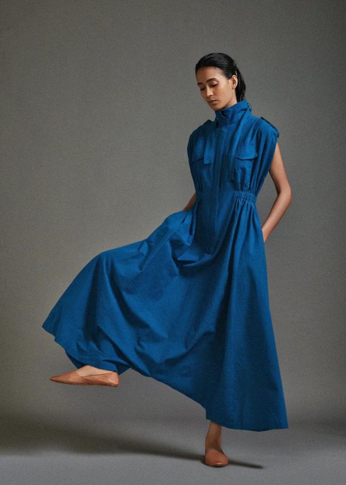 A Model Wearing Blue Handwoven Cotton Safari Sphara Jumpsuit, curated by Only Ethikal
