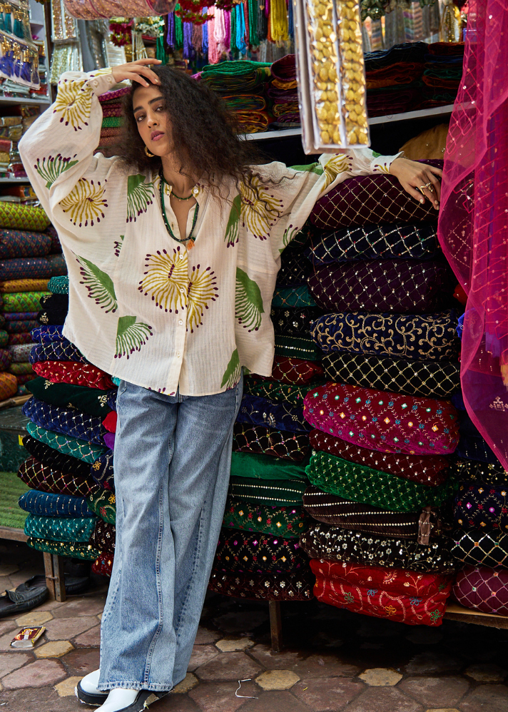A Model Wearing Multicolor Pure Cotton Malana Handloom Blouse, curated by Only Ethikal