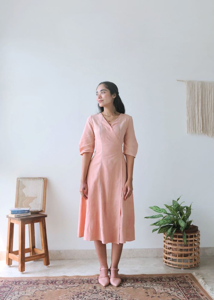 A Model Wearing Pink Handwoven Cotton Sunny Day Wrap Dress, curated by Only Ethikal