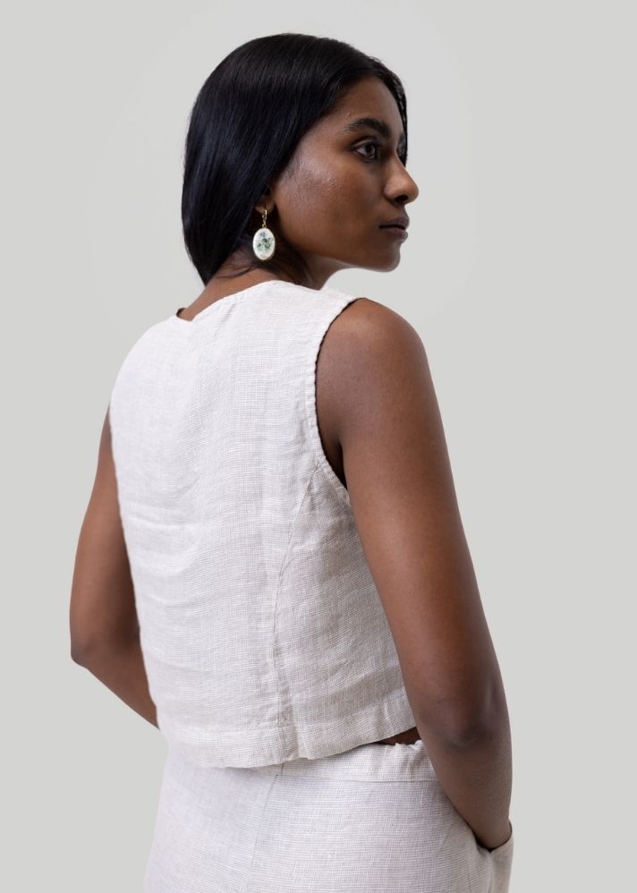 A Model Wearing White Linen Cropped vest shirt White, curated by Only Ethikal