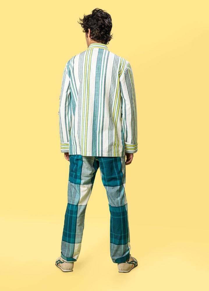 A model wearing Checkered Multicolor Handwoven Cotton Safari Pants, curated by Only Ethikal