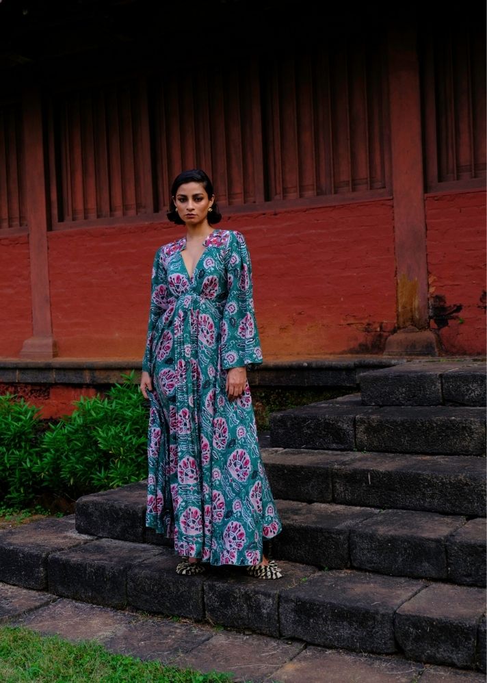 A Model Wearing Multicolor Silk Jind Dress, curated by Only Ethikal
