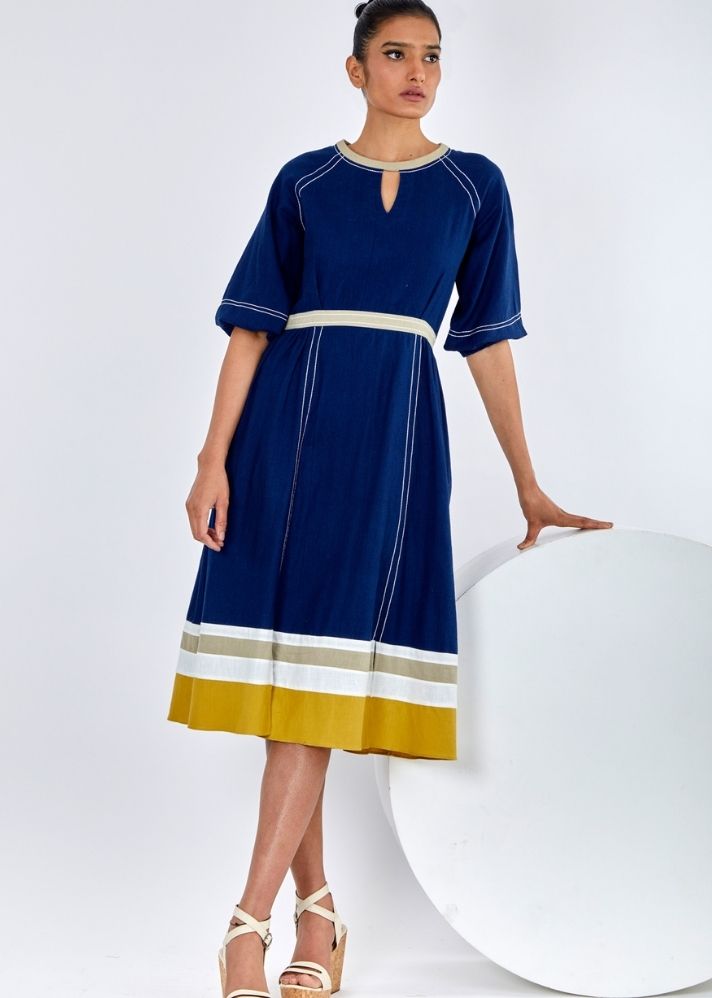 A Model Wearing Blue Pure Cotton Kawa Indigo Midi Dress, curated by Only Ethikal