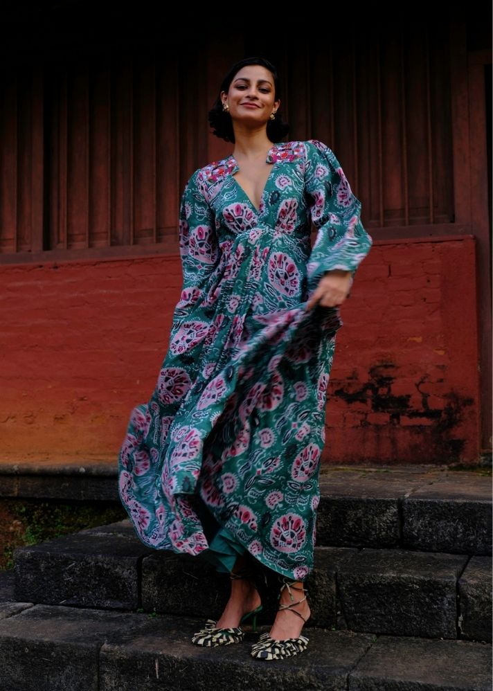 A Model Wearing Multicolor Silk Jind Dress, curated by Only Ethikal