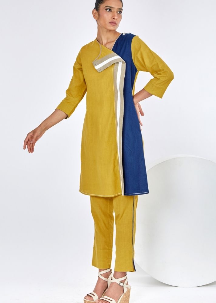 A Model Wearing Yellow Pure Cotton Tamara Ochre/ Mustard Co-Ord Set, curated by Only Ethikal