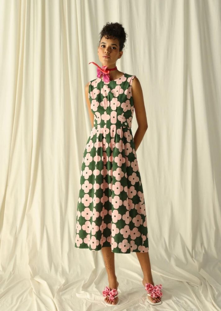 A Model Wearing Multicolor Pure Cotton Shoghi Pleated Midi Dress, curated by Only Ethikal