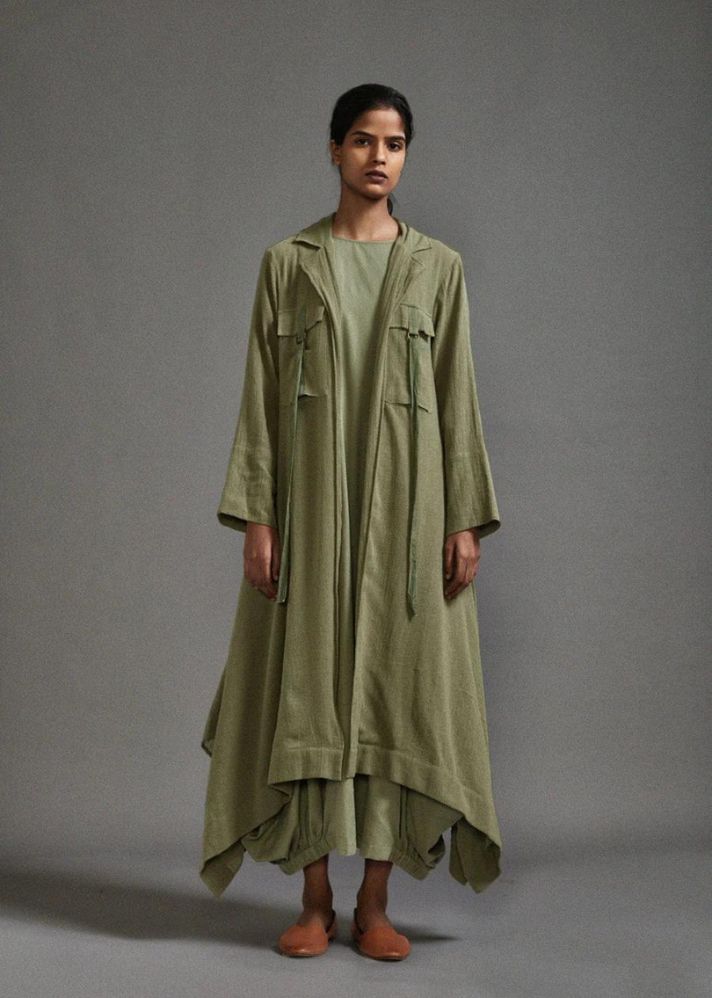 A Model Wearing Green Handwoven Cotton Safari Vari And Koza Set , curated by Only Ethikal