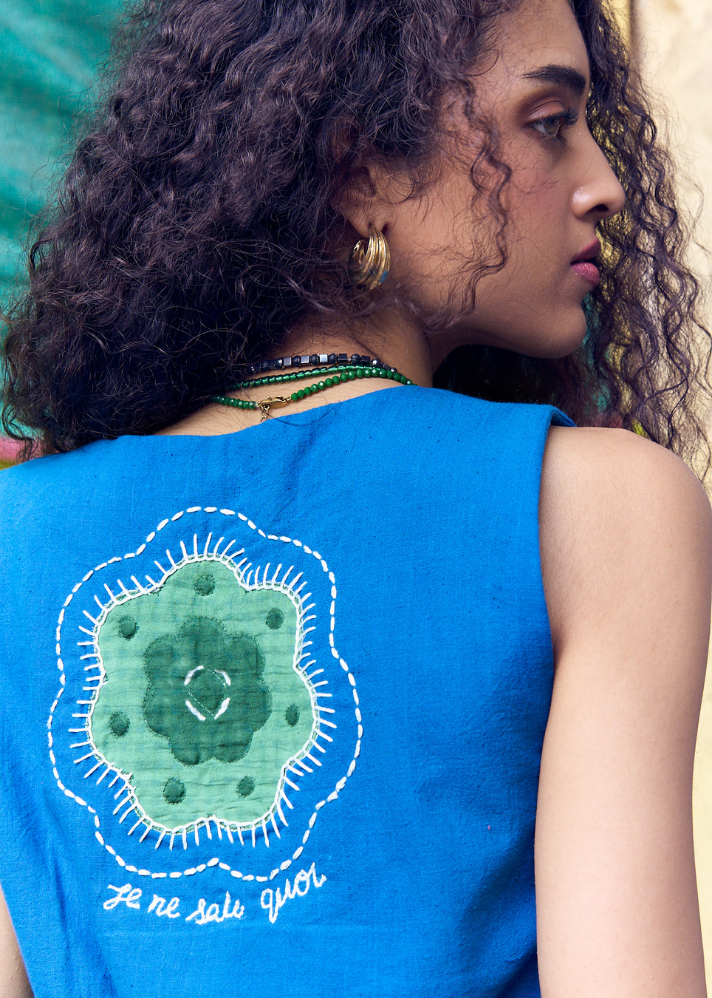 A Model Wearing Blue Pure Cotton Kangra Handloom Waist Coat, curated by Only Ethikal