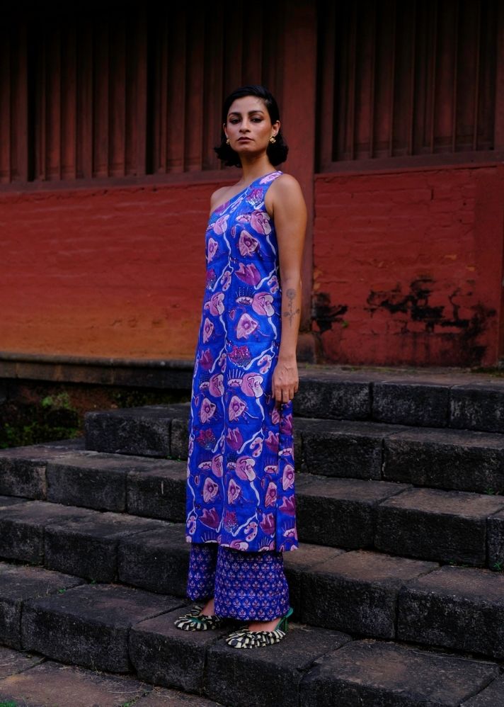 A Model Wearing Multicolor Silk Banu Kurta Set, curated by Only Ethikal