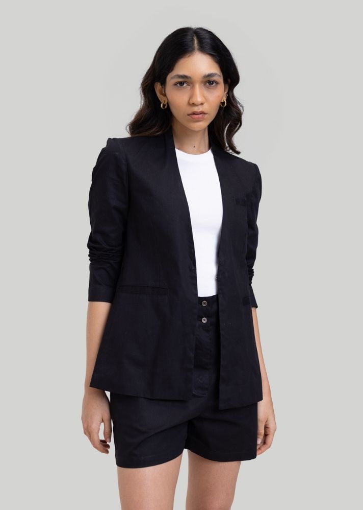 A Model Wearing Black Pure Cotton Summer Heat Blazer Black, curated by Only Ethikal