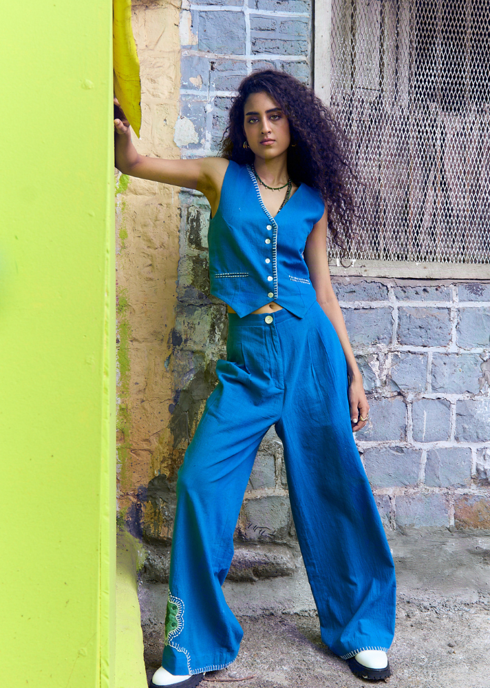 A Model Wearing Blue Pure Cotton Kangra Handloom Trousers, curated by Only Ethikal