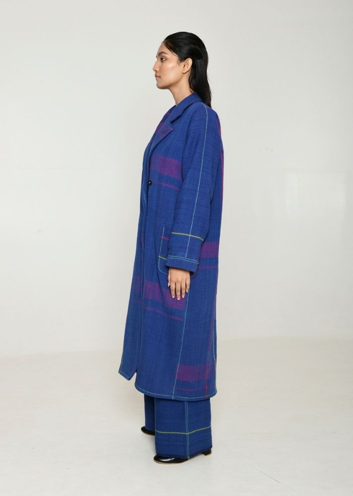 A Model Wearing Blue Handwoven Cotton Recycle Ren Women Trench Coat, curated by Only Ethikal