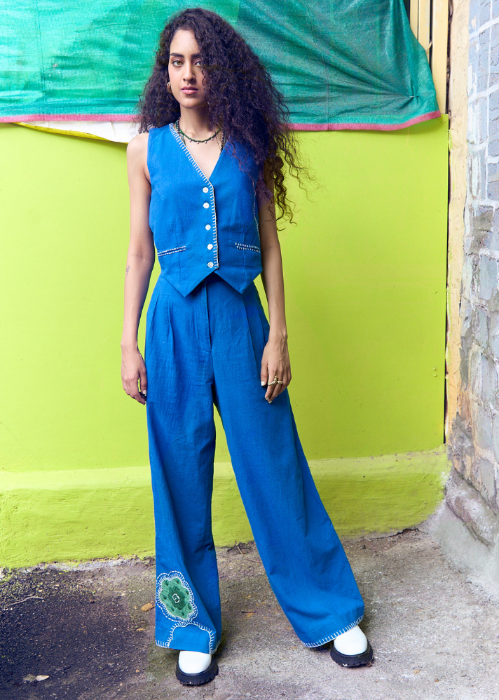 A Model Wearing Blue Pure Cotton Kangra Handloom Co-Ord Set, curated by Only Ethikal