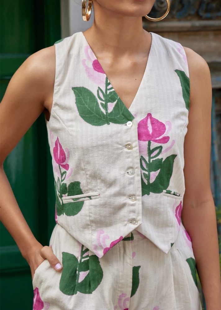 A Model Wearing Multicolor Pure Cotton Dione Handloom Waistcoat, curated by Only Ethikal