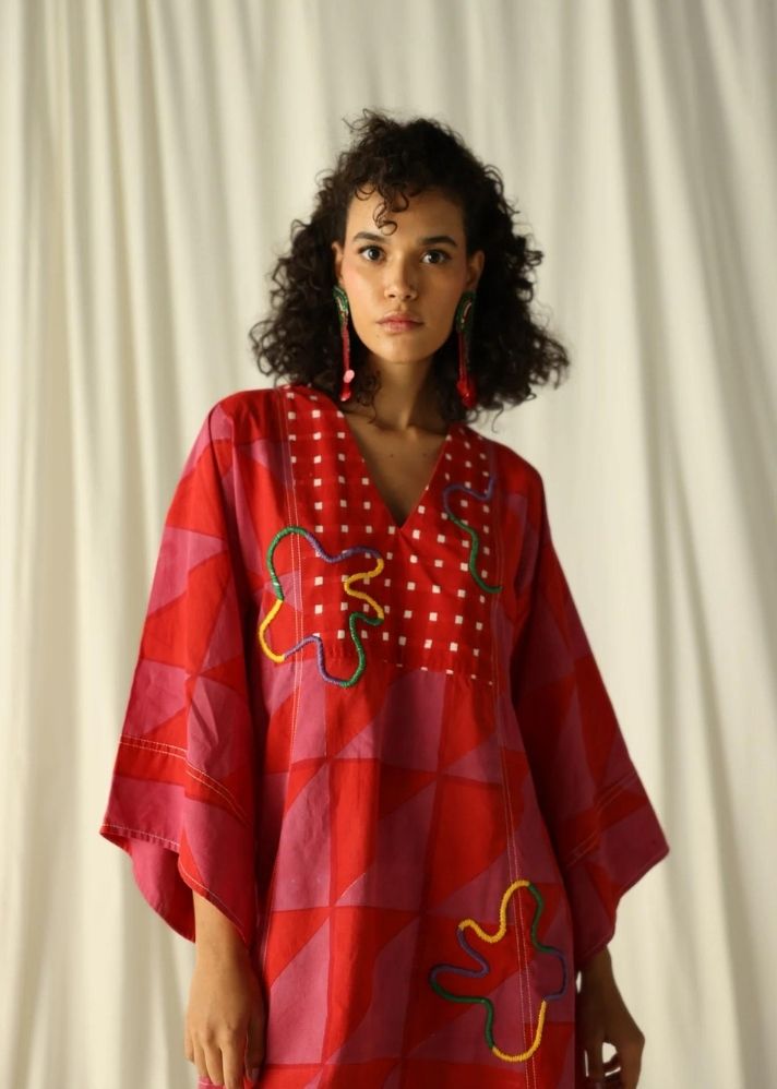 A Model Wearing Multicolor Pure Cotton Andretta Embroidered Shift Dress, curated by Only Ethikal