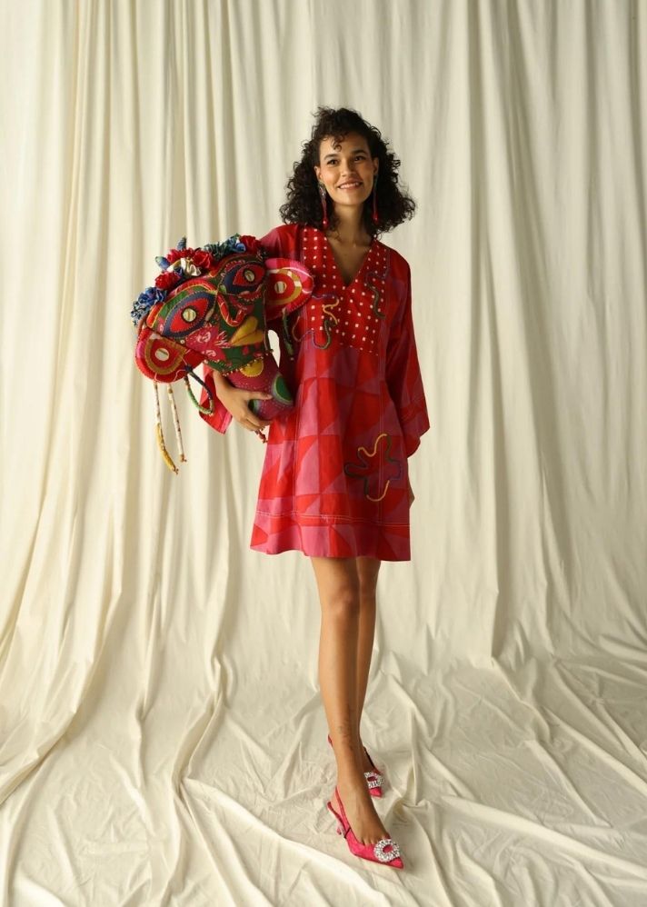 A Model Wearing Multicolor Pure Cotton Andretta Embroidered Shift Dress, curated by Only Ethikal