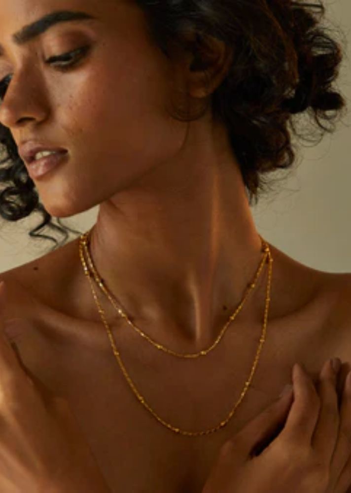 A Model Wearing Gold  Gold Plated Brass Indira Chain, curated by Only Ethikal