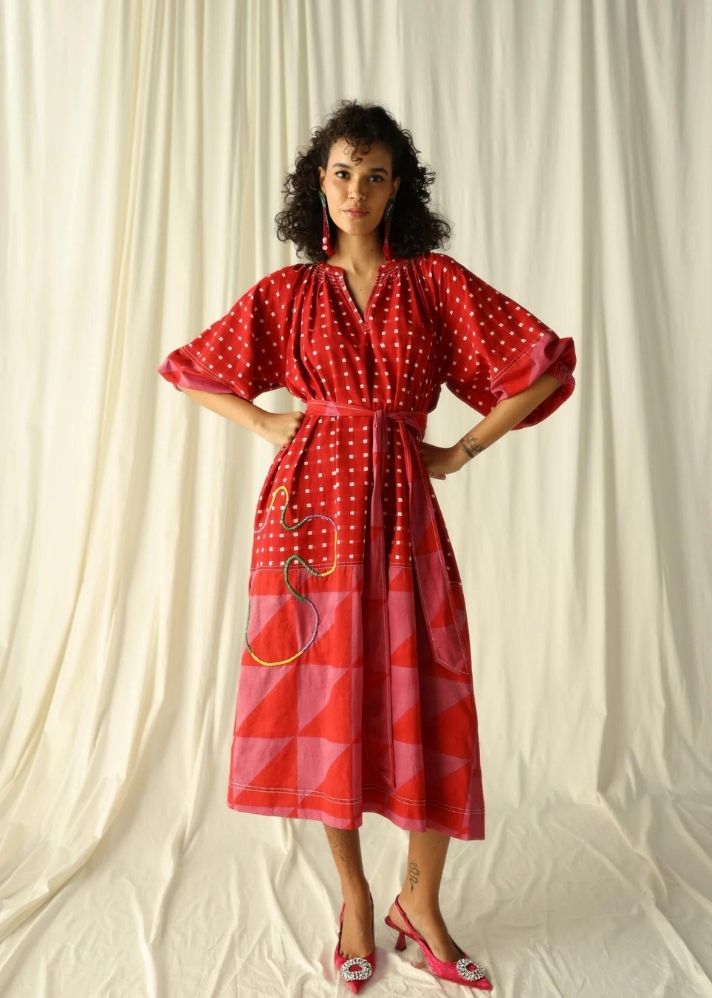 A Model Wearing Multicolor Pure Cotton Andretta Embroidered Peasant Dress, curated by Only Ethikal