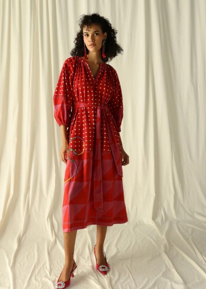 A Model Wearing Multicolor Pure Cotton Andretta Embroidered Peasant Dress, curated by Only Ethikal