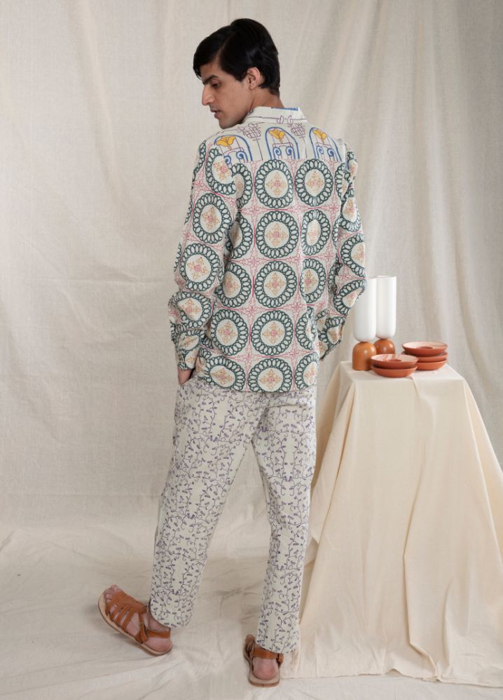 A model wearing Block Printed Multicolor Handwoven Cotton Cropped Pants, curated by Only Ethikal