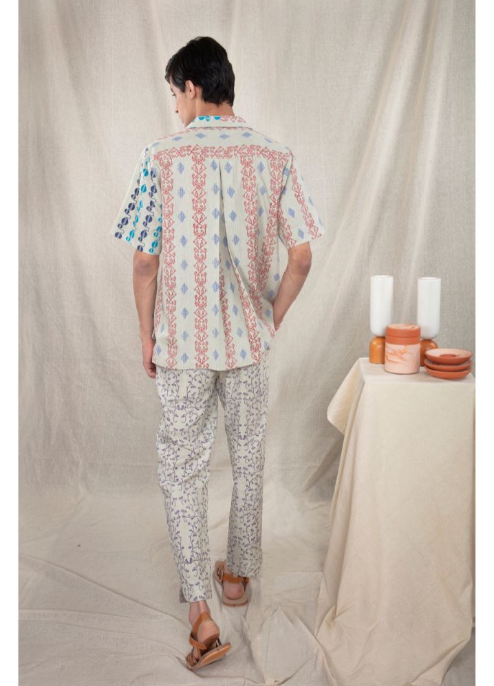 A model wearing Block Printed Multicolor Handwoven Cotton Print Play Shirt, curated by Only Ethikal