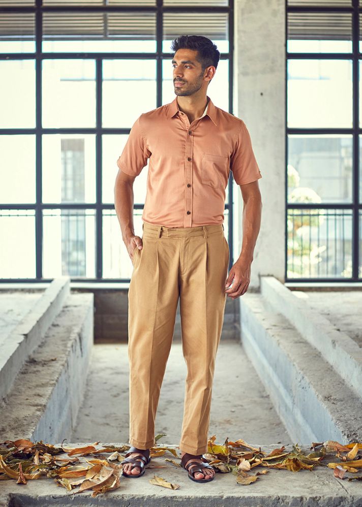 A Model Wearing Beige Pure Cotton Warm Haze Trouser, curated by Only Ethikal
