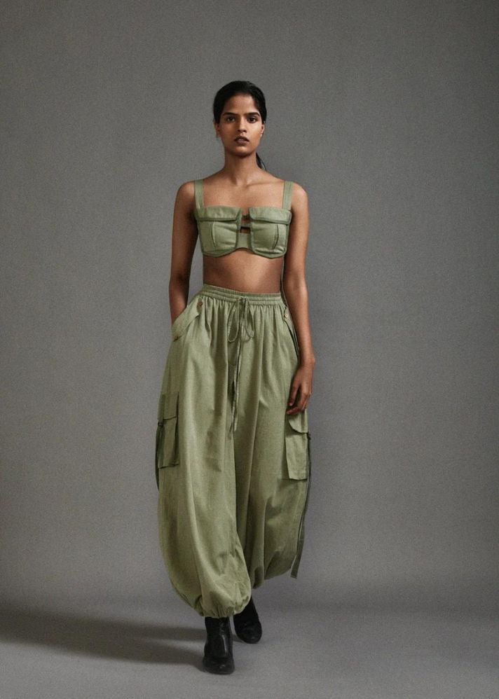 A Model Wearing Green Handwoven Cotton Pocket Corset , curated by Only Ethikal