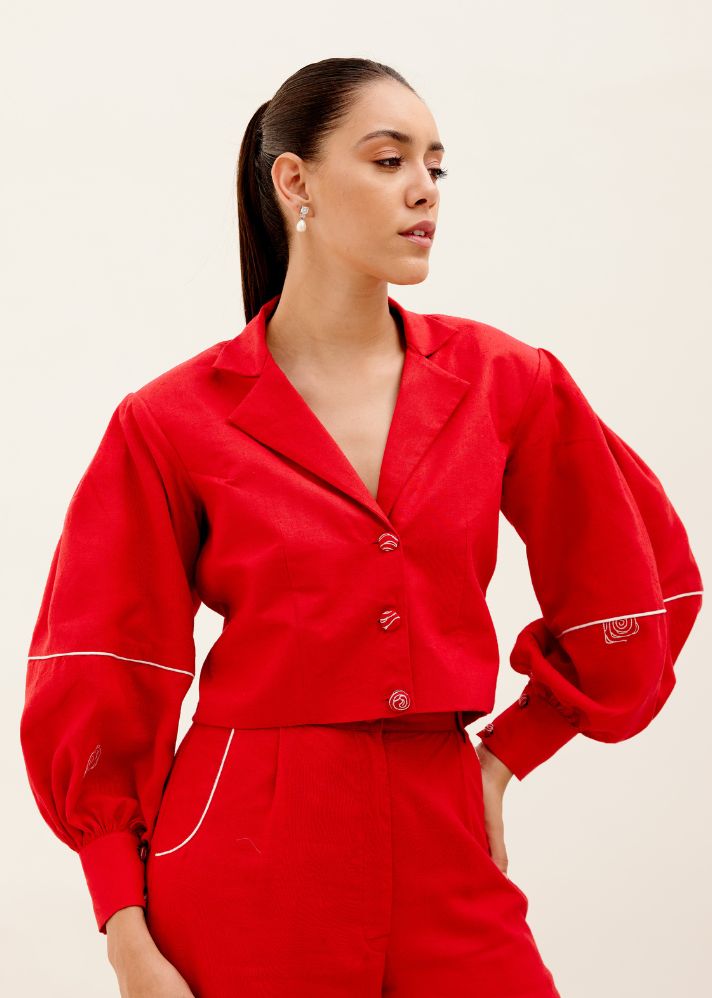 A Model Wearing Red Hemp Red Cosmos Blazer, curated by Only Ethikal