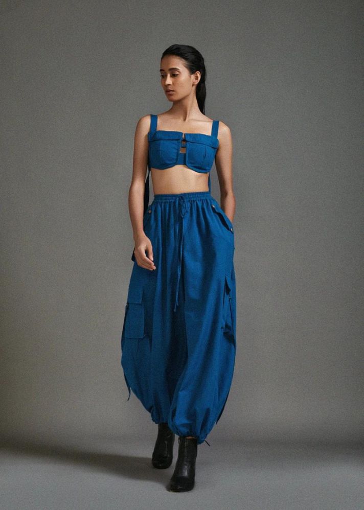 A Model Wearing Blue Handwoven Cotton Pocket Corset , curated by Only Ethikal