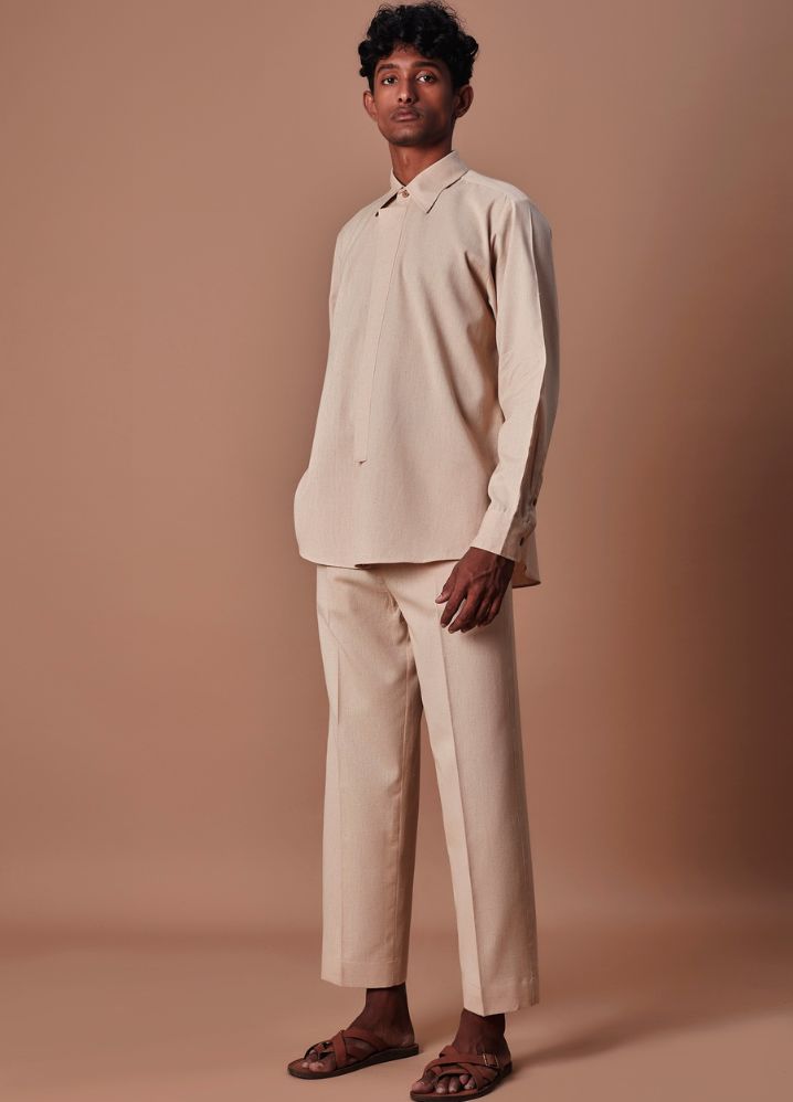 A Model Wearing  Beige Pure Cotton Men's Beige Ankle Pants, curated by Only Ethikal