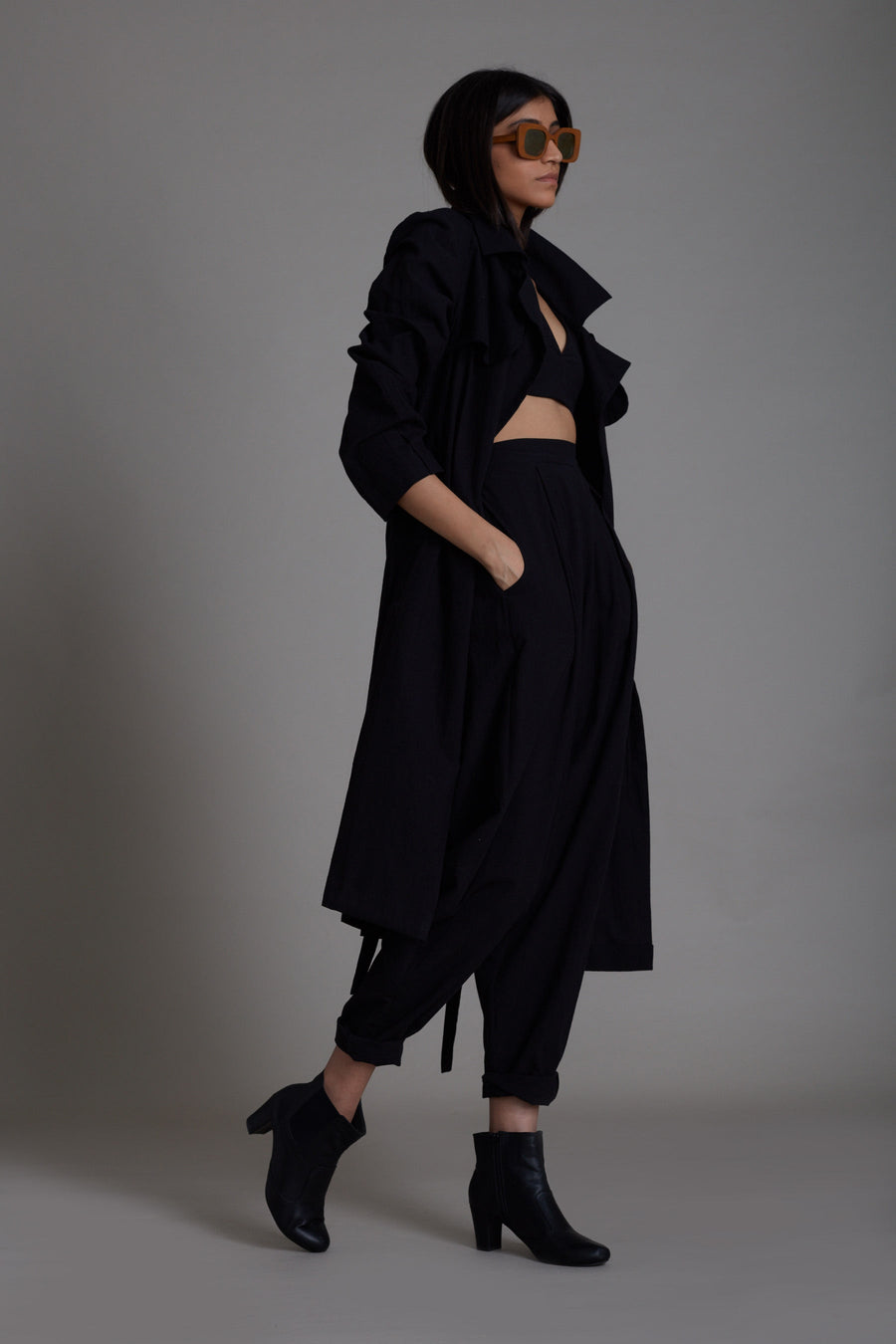 A Model Wearing Black Pure Cotton Black Milestone Trench Jacket, curated by Only Ethikal