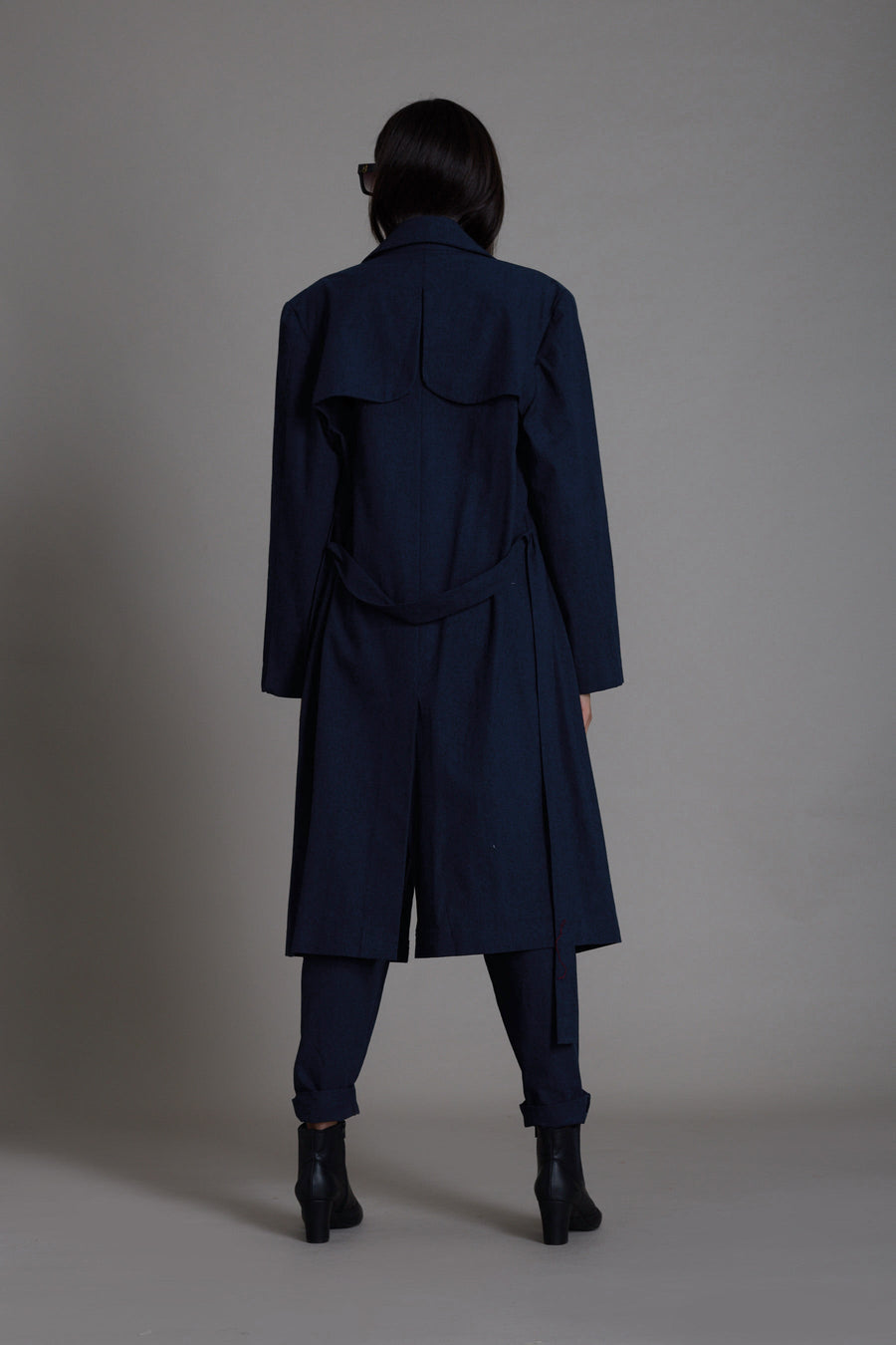 A Model Wearing Blue Pure Cotton Navy Blue Milestone Trench Jacket, curated by Only Ethikal