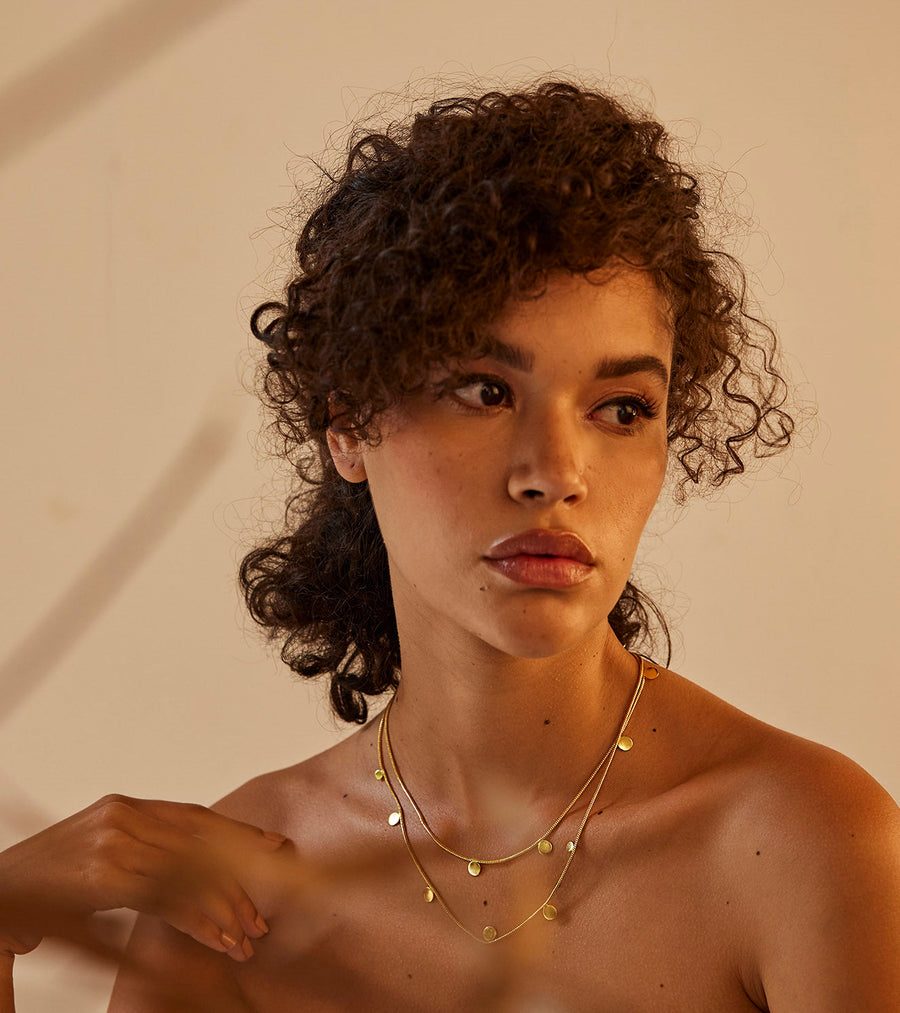 A Model Wearing Yellow 1 micron gold plated. Sitara Necklace, curated by Only Ethikal