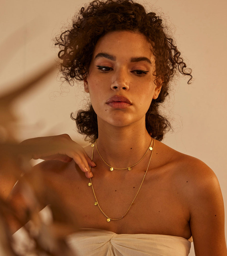 A Model Wearing Yellow 1 micron gold plated. Sitara Necklace, curated by Only Ethikal