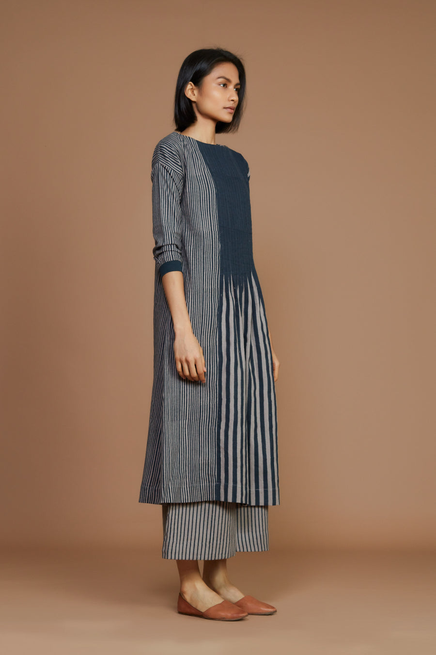 Grey With Charcoal Striped Pleated Dress