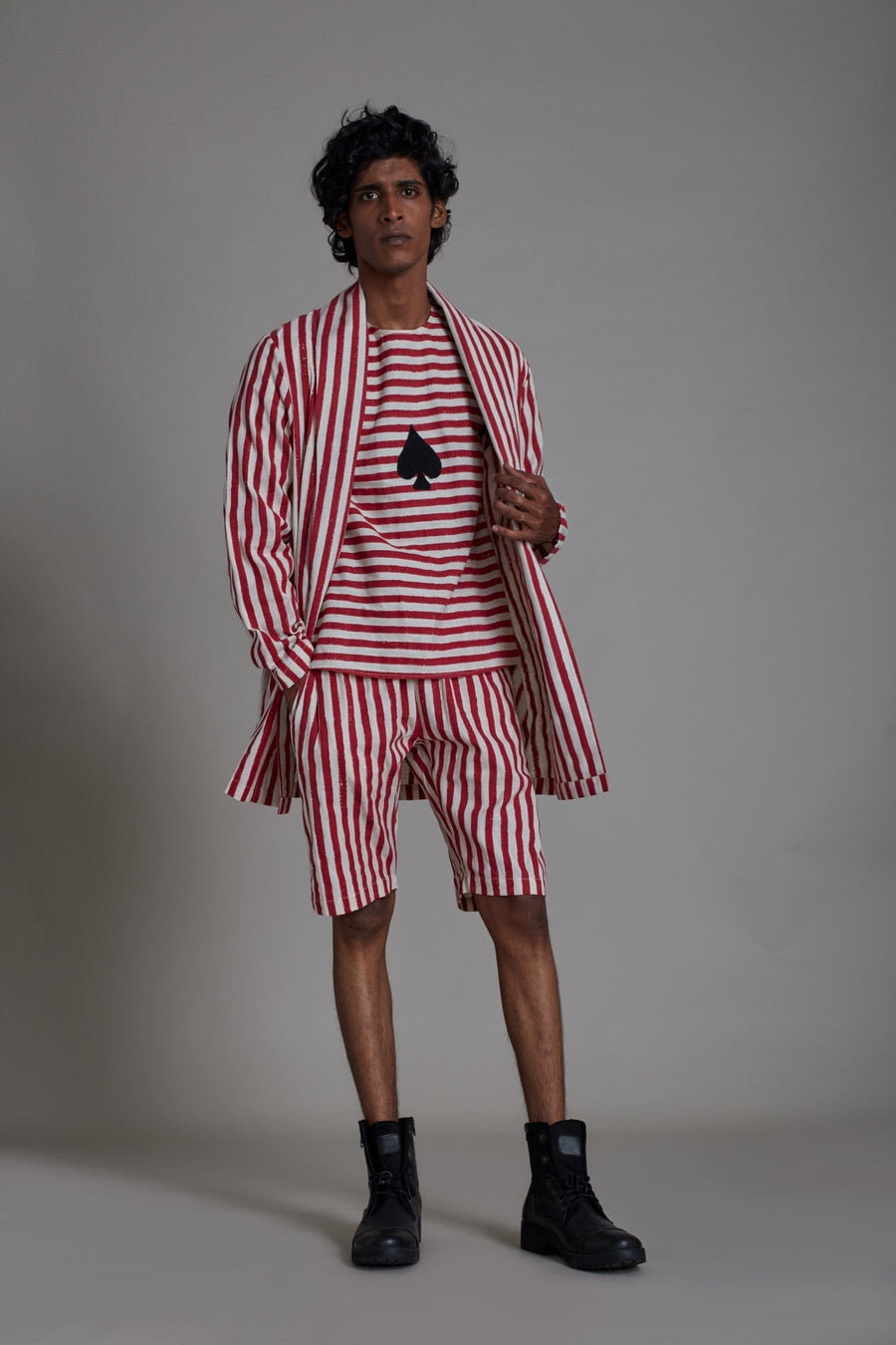 A Model Wearing White Pure Cotton Red Stripe Set - 3 Pcs, curated by Only Ethikal