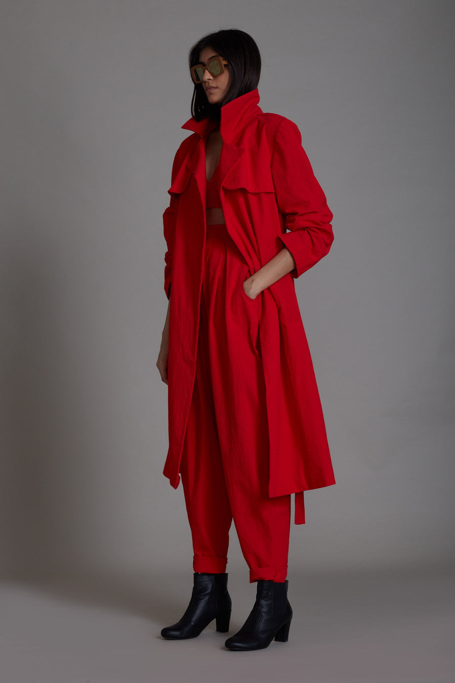 A Model Wearing Red Pure Cotton Red Milestone Trench Jacket, curated by Only Ethikal
