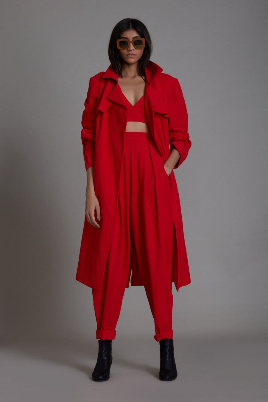 A Model Wearing Red Pure Cotton Red Milestone Trench Jacket, curated by Only Ethikal