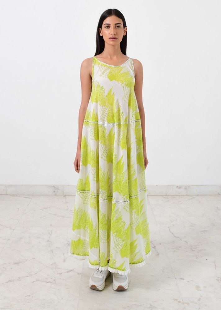 Stay cool in this eco-friendly khadi geo green maxi dress made with hand block printing and sustainable materials curated by only ethkal.