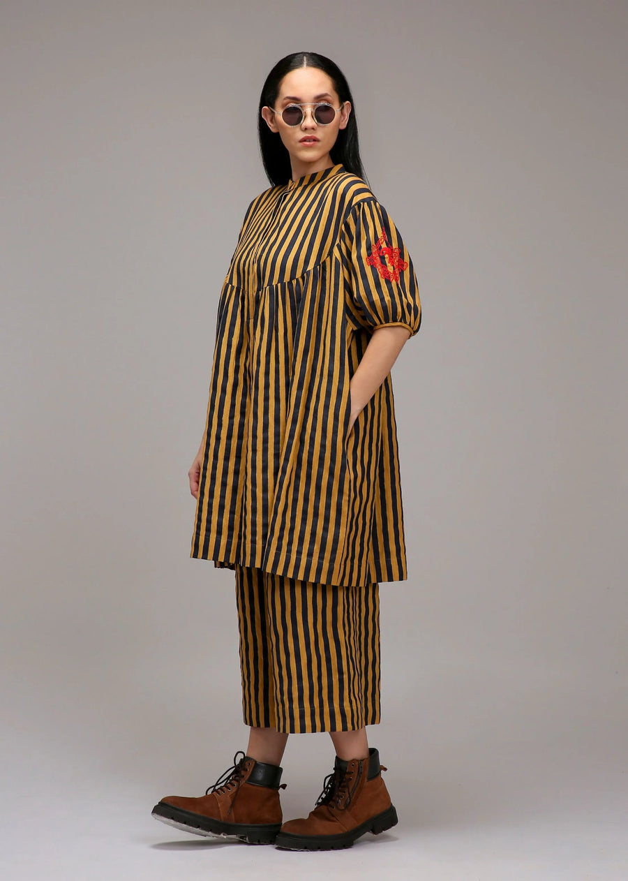 Tan-Brown Blue Striped Short Acra Tunic